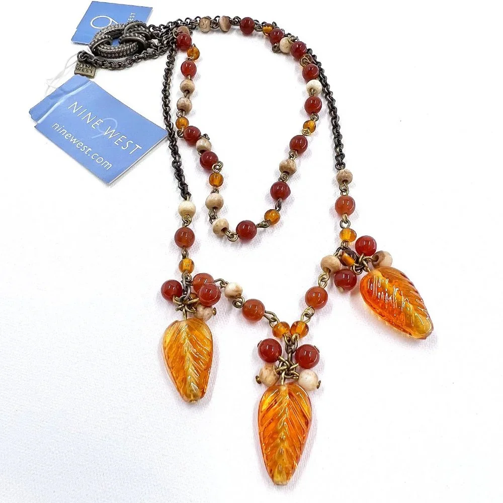 NWT - Nine West - Orange Leaf Charms & Beaded Two Strand 14” Choker Necklace - Picture 1 of 7